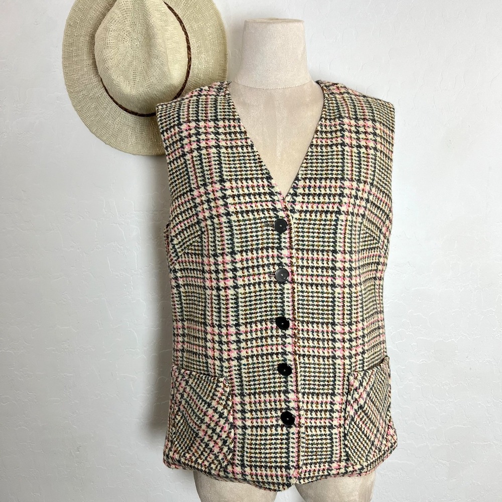 RUSS vtg wool houndstooth vest 12 preppy equestrian academia pink gray beige